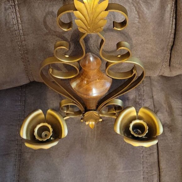 Vtg Hollywood Regency Brass Wood Candlestick Sconce Castlecore Wall Decor - Picture 4 of 5